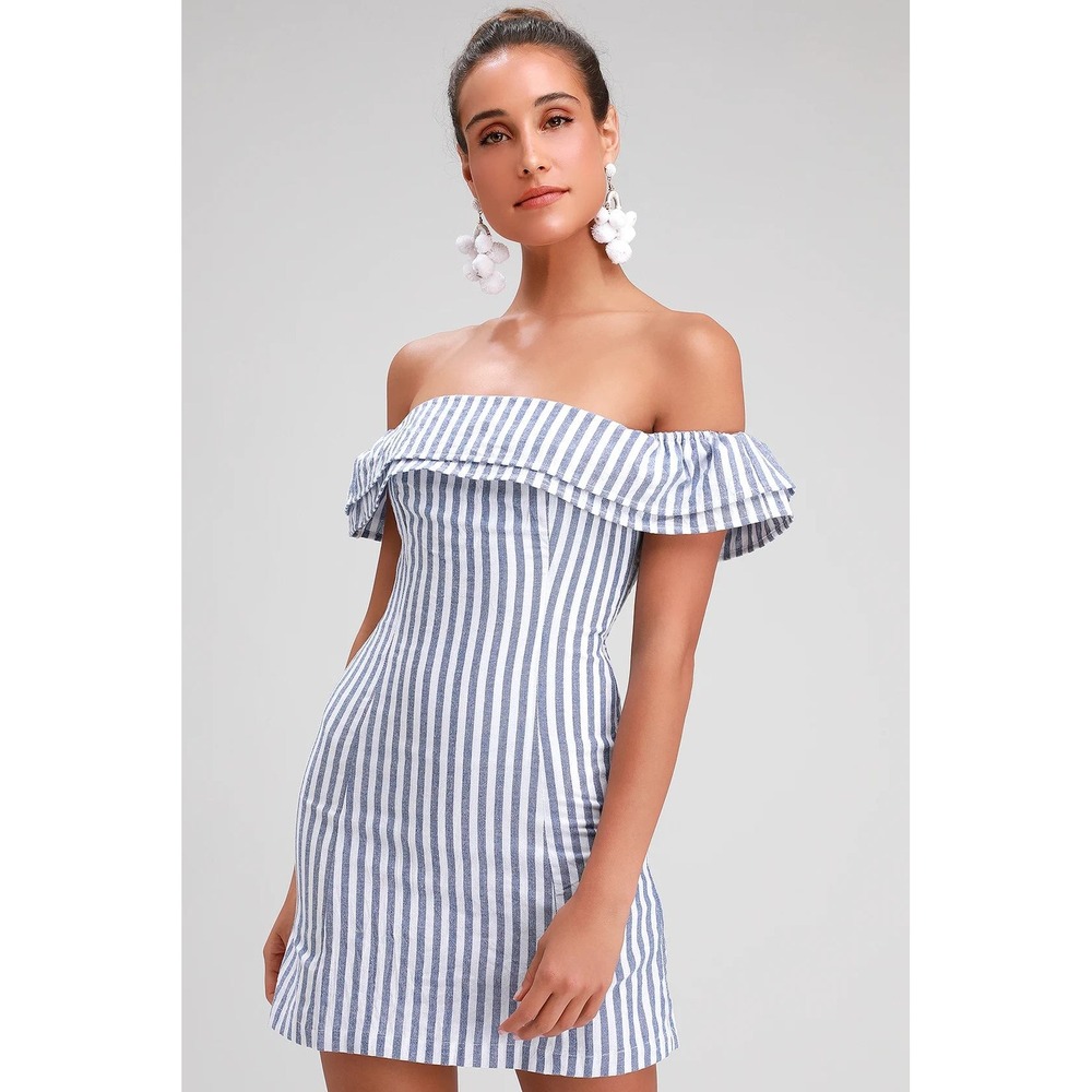 Lulus Seaside Skipper Blue Striped Off-the-Shoulder Mini Dress Size‎ XS